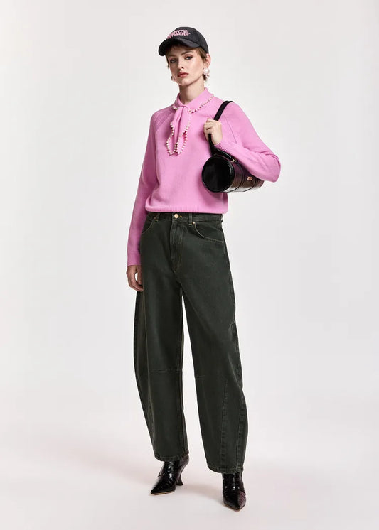 Essentiel antwerp maglia mista lana e cachemire rosa bubble con colletto decorato con perline