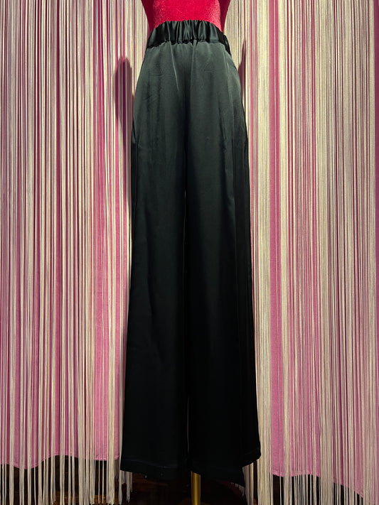 Semicouture pantalone blu notte in satin gamba ampia con elastico in vita
