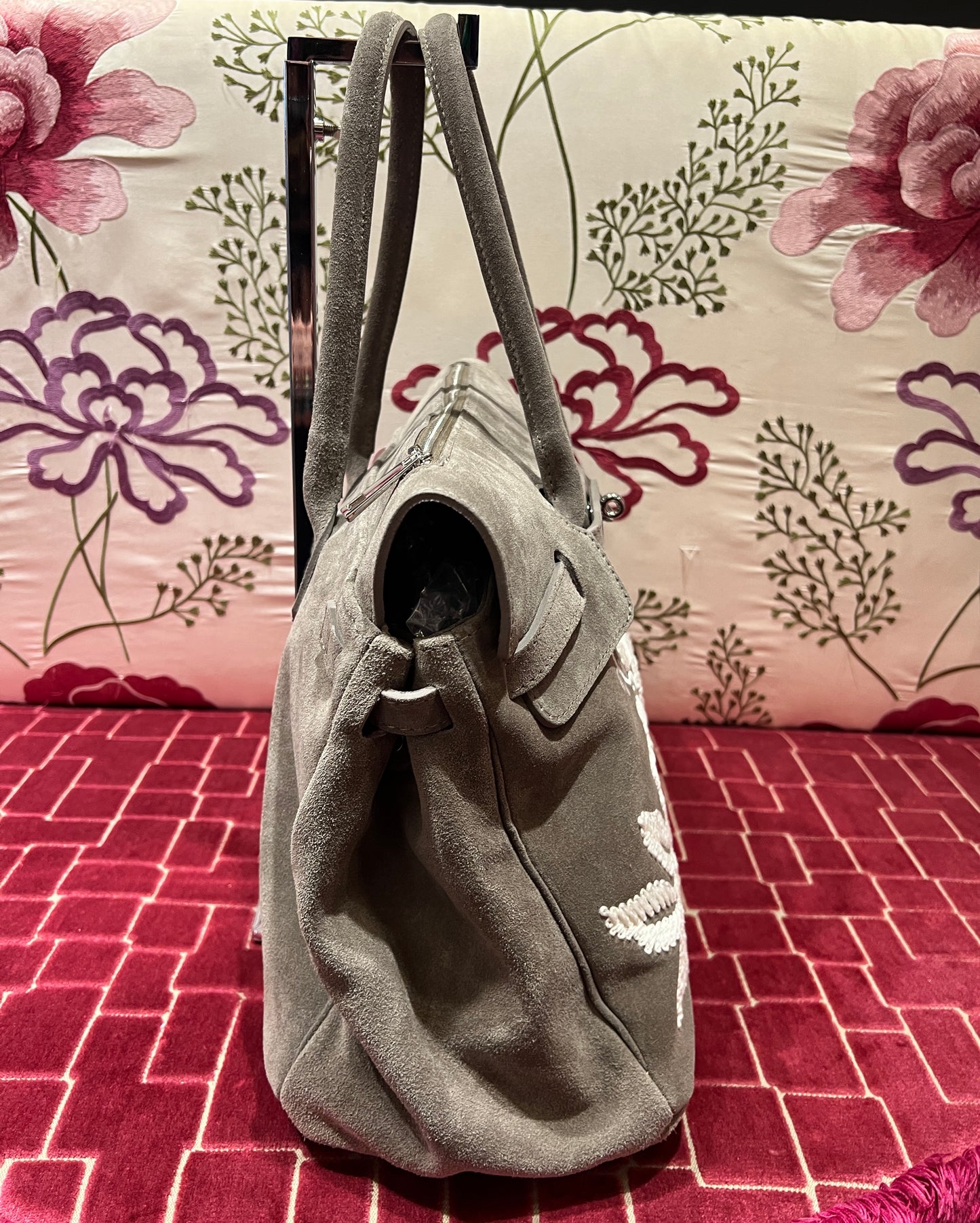 Mia bag borsa due manici con tracolla in camoscio ricamo fiori