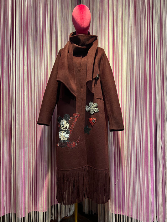 ABpink 🩷cappotto sfoderato Burgundy con frange e sciarpa rimovibile, patch cristalli e patch paillettes topolino