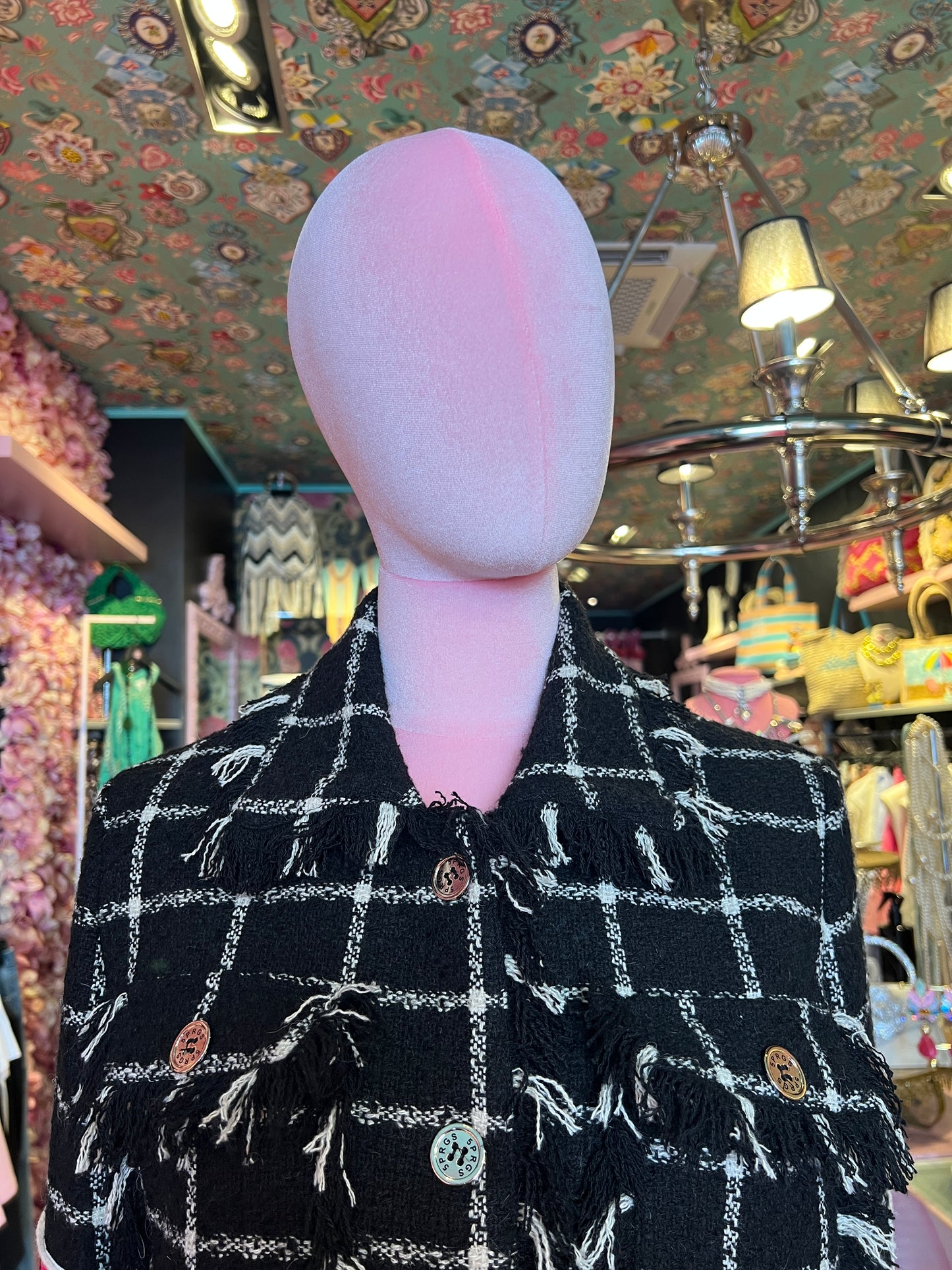 5 Progress giacca/cappotto in tweed con frange e patch