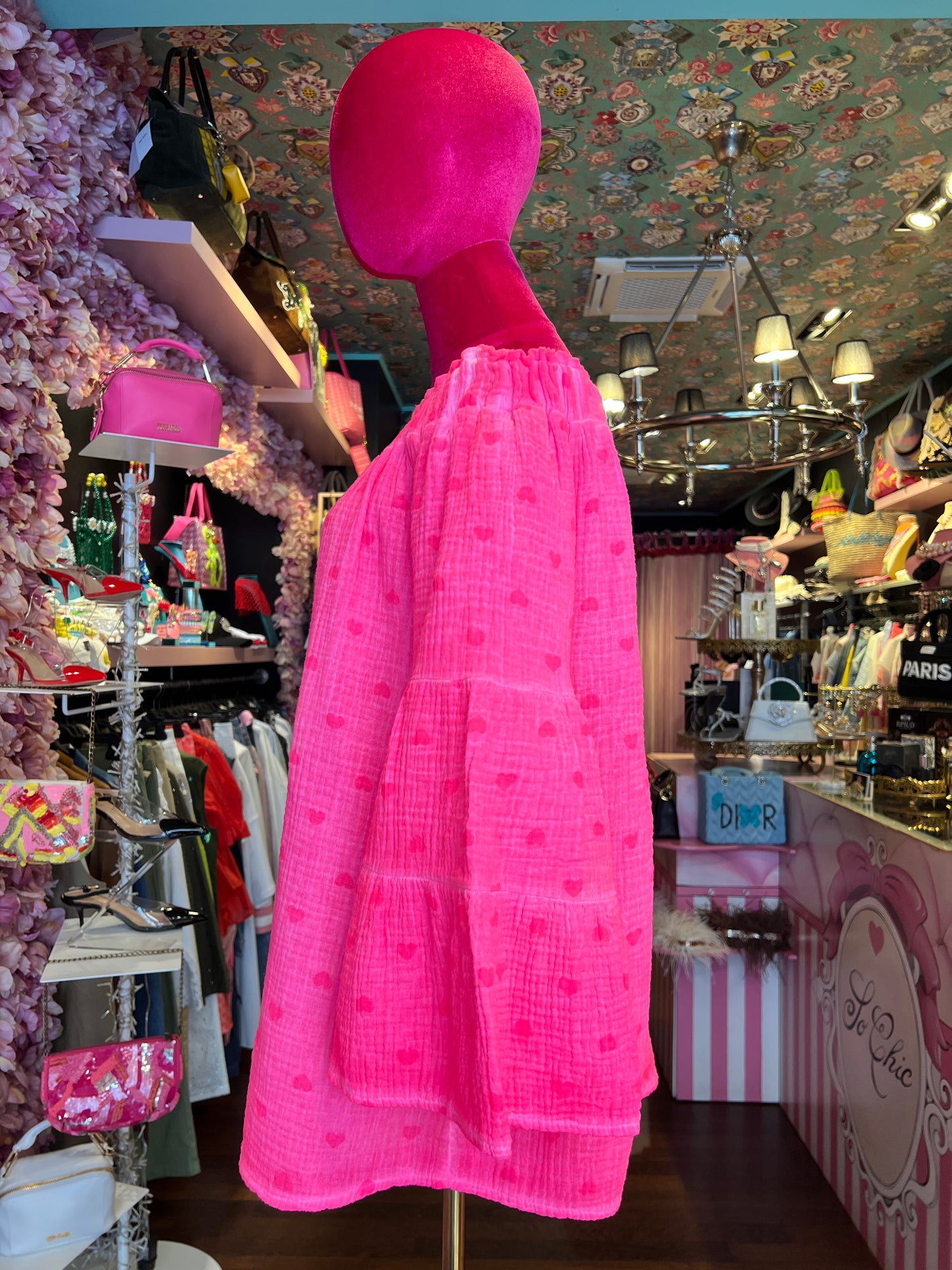 Mon amour Paris blusa scollo Bardot , maniche ampie, fucsia flou e cuori