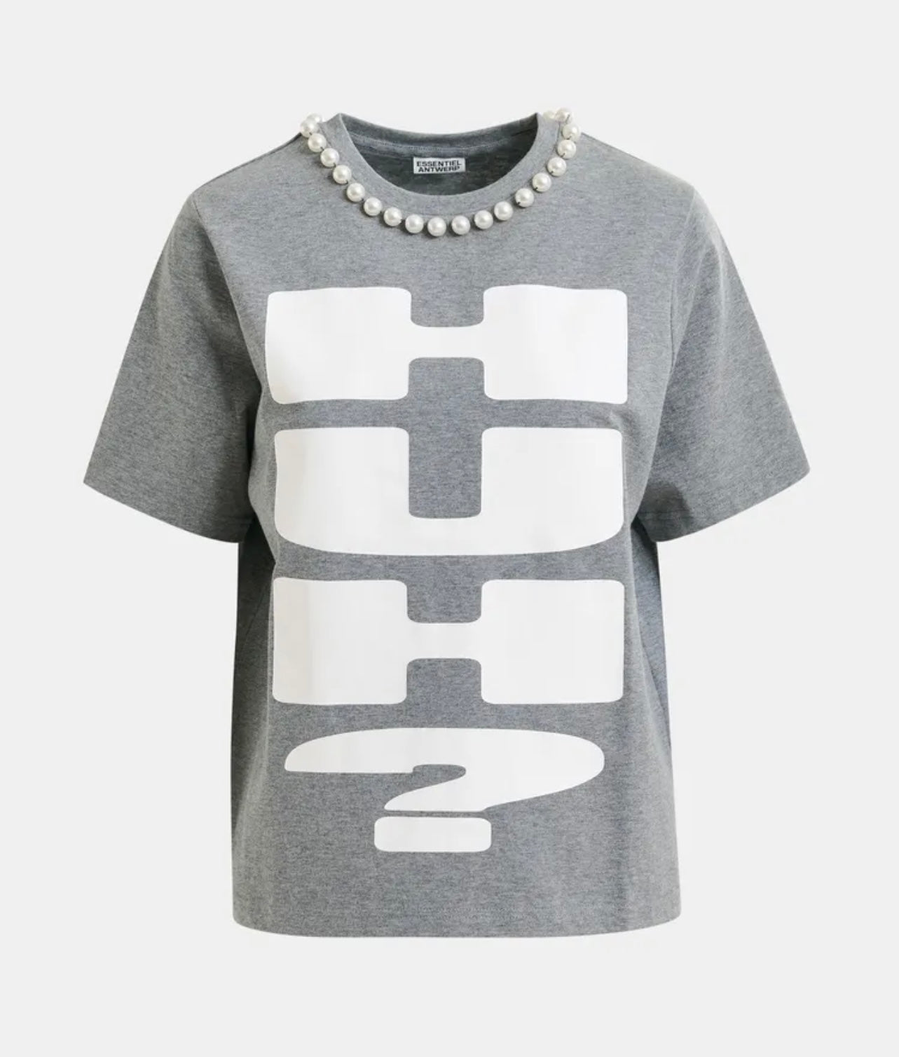 Essentiel antwerp t shirt grigia con stampa “ Huh?” decorazione perle Isos