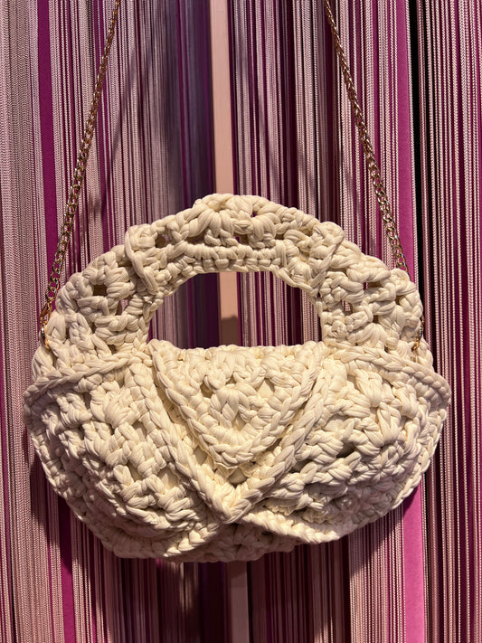 Borsa panna crochet in fettuccia , foderata e tracolla