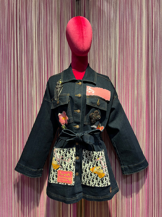 ABpink 🩷 giacca denim con cintura applicazioni pantera rosa