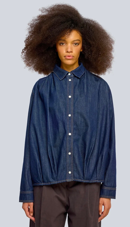 Semicouture camicia denim arricciatura su spalla e fondo