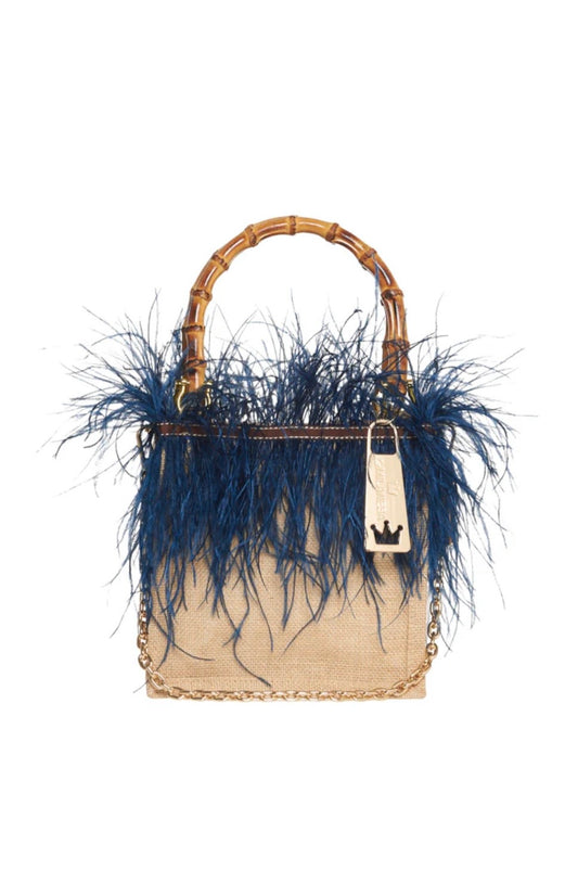 La Milanesa borsa intrecciata in juta manici in bamboo tracollina dorata violetta small blu