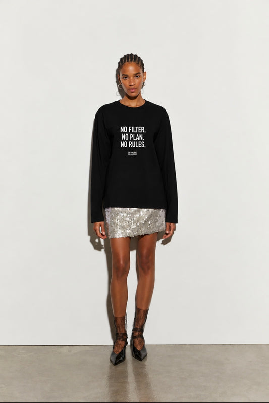 Isabelle Blanche Paris t shirt manica lunga con stampa “ No filtri. No plan. No rules.”nera