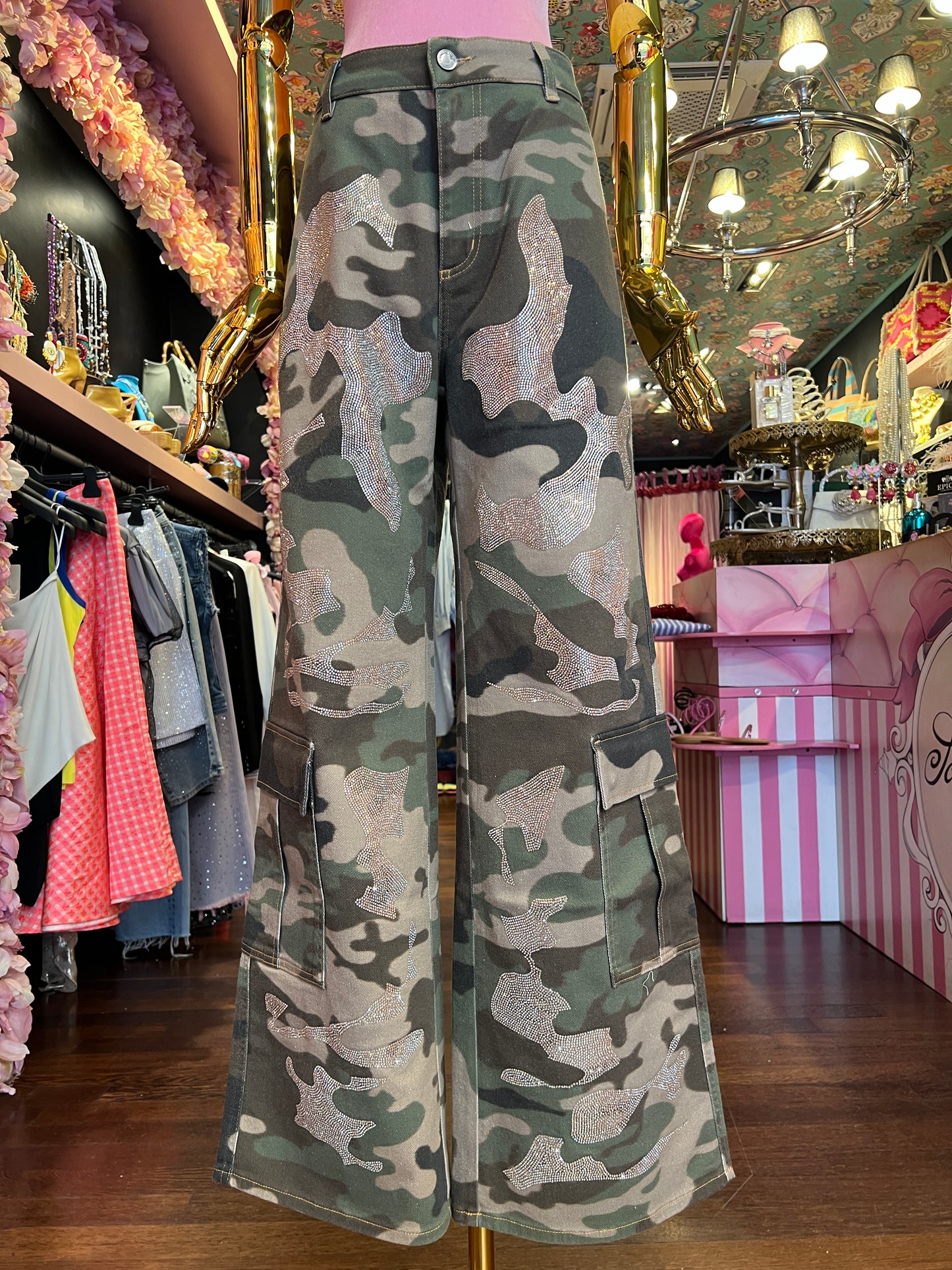 Rossano Perini pantalone combat camouflage con decorazioni cristalli