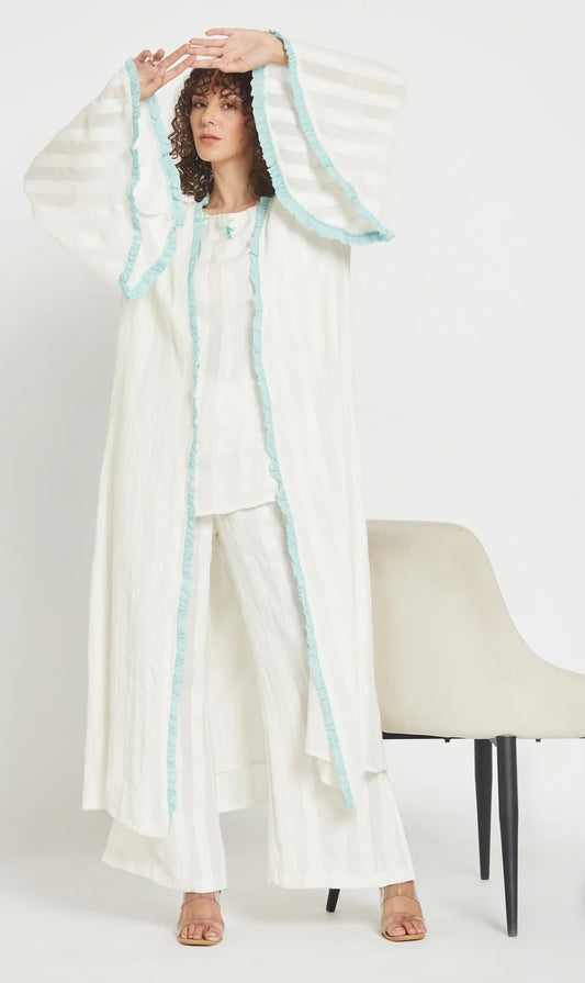 Be-sunset kimono bianco con cinta e rifiniture turchesi