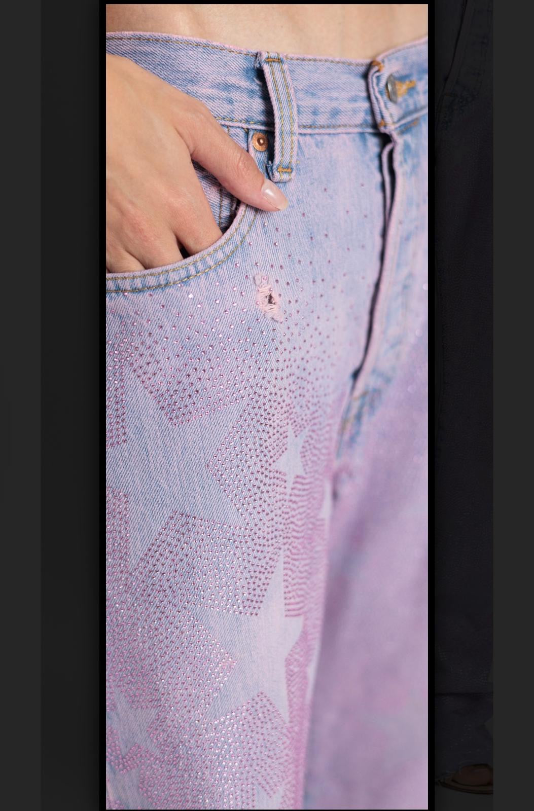 Rossano Perini jeans vintage ultraboy sovratinto dirty rosa applicazioni strass flat stelle