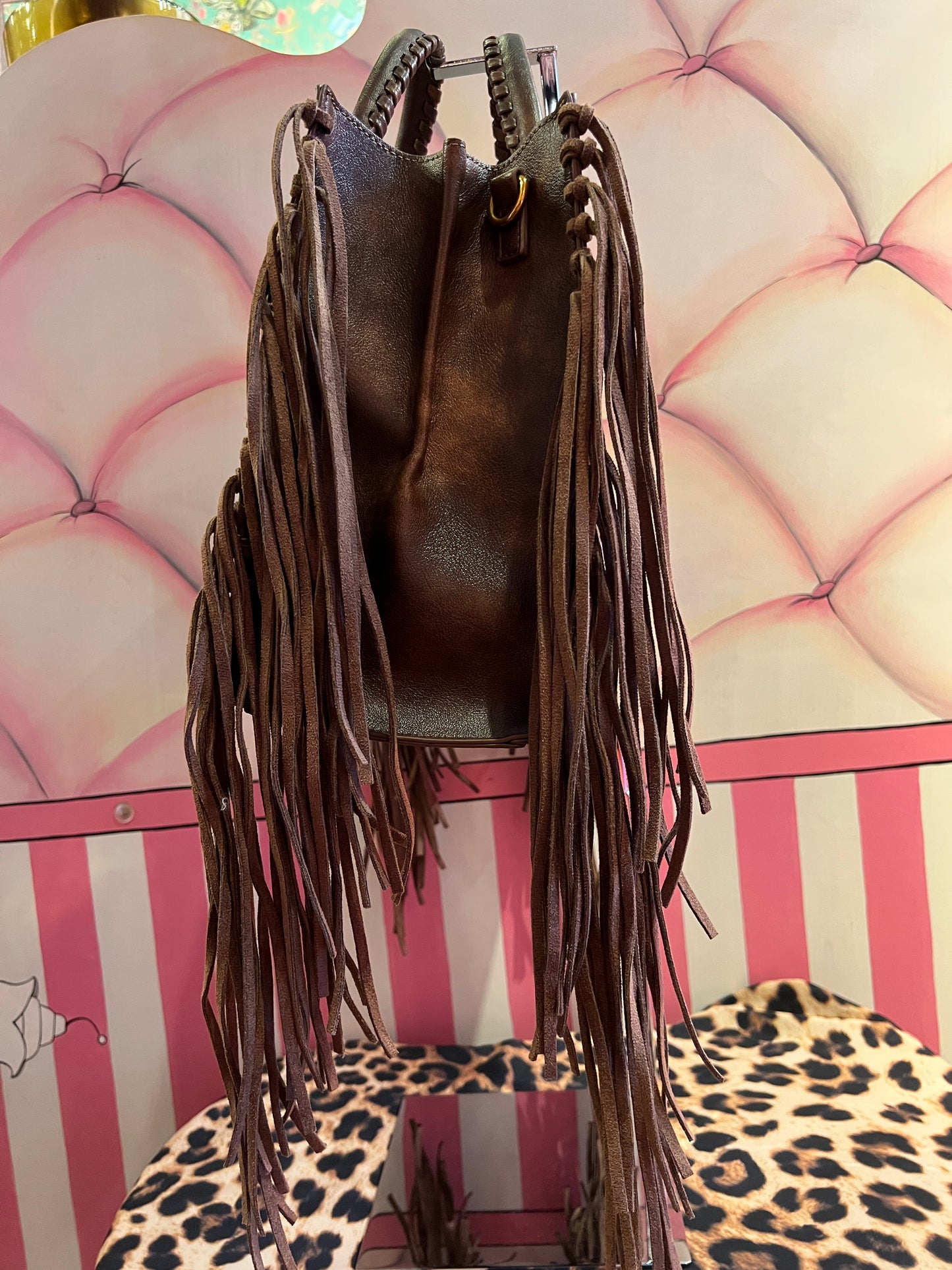 Rue Madam Paris borsa due manici vintage marrone con frange e tracolla Texas tote
