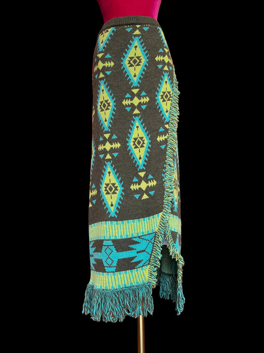 Colour market gonna jacquard con frange verde militare e turchese