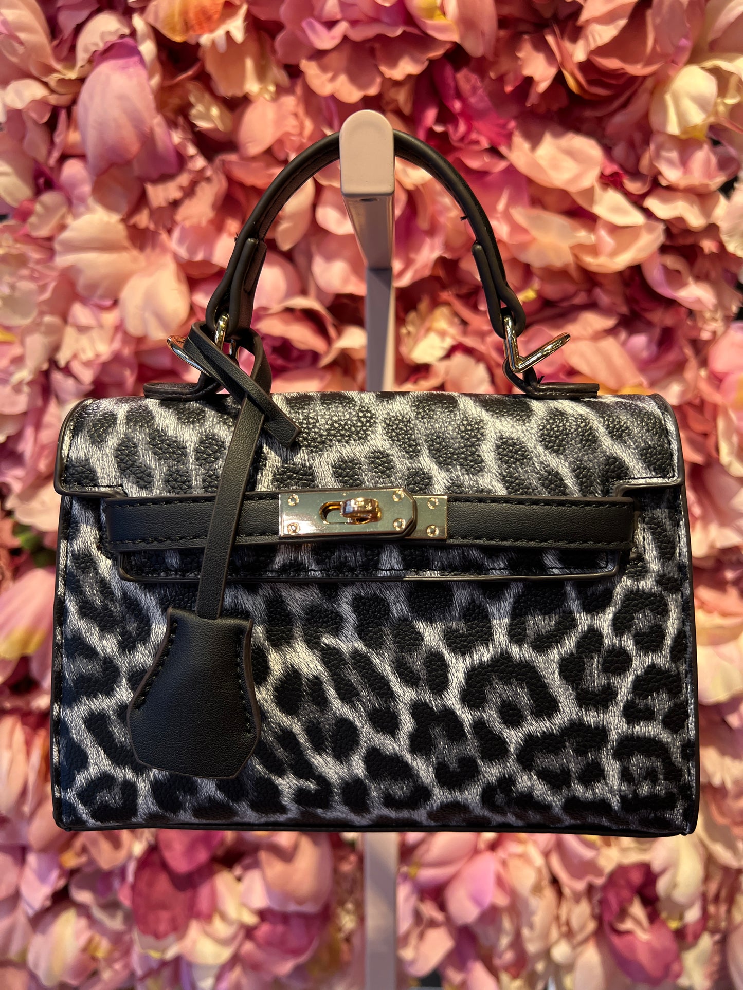 Borsa ecopelle maculata nero/grigio con dettagli neri e tracolla