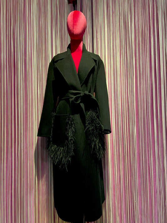 11Love is glamour cappotto 100% lana con decorazioni piume di struzzo tasche