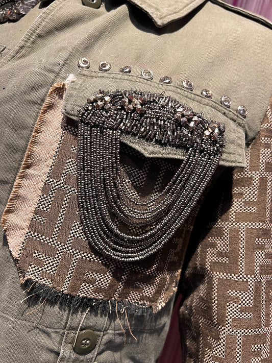 ABpink 🩷 la verdina , giacca militare con patch tigre, fiori cristalli e tessuto FF