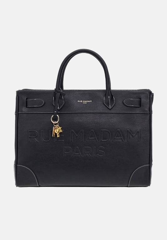 Rue Madam Paris borsa due manici in morbida pelle vegana nera con logo in rilievo ,tracolla
