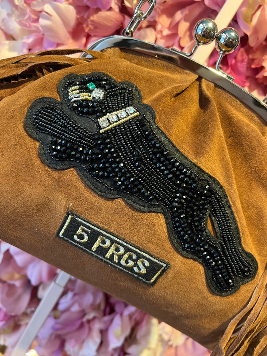 5 Progress borsa suede con frange applicazione pantera e tracollina