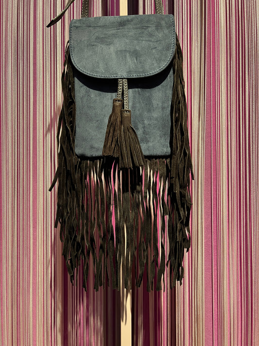 Love & roses tracollina TEXAS suede con frange , nappina e mini pochette. Colore jeans frange marrone