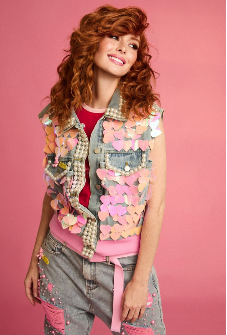 Le Cruel -50% di sconto gilet denim over con decorazioni cuori e perle , stampa retro