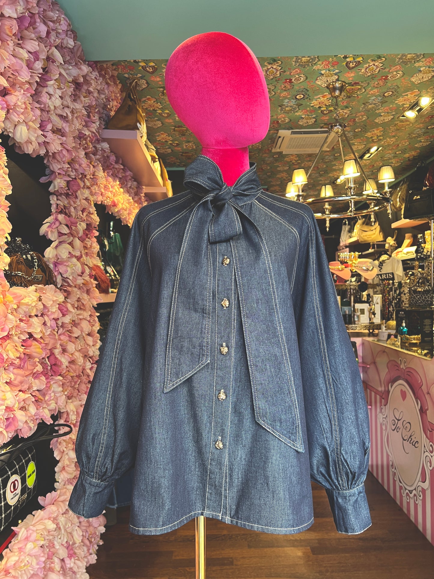 Mon amour Paris camicia denim oversize taglia unica con fiocco e maniche ampie