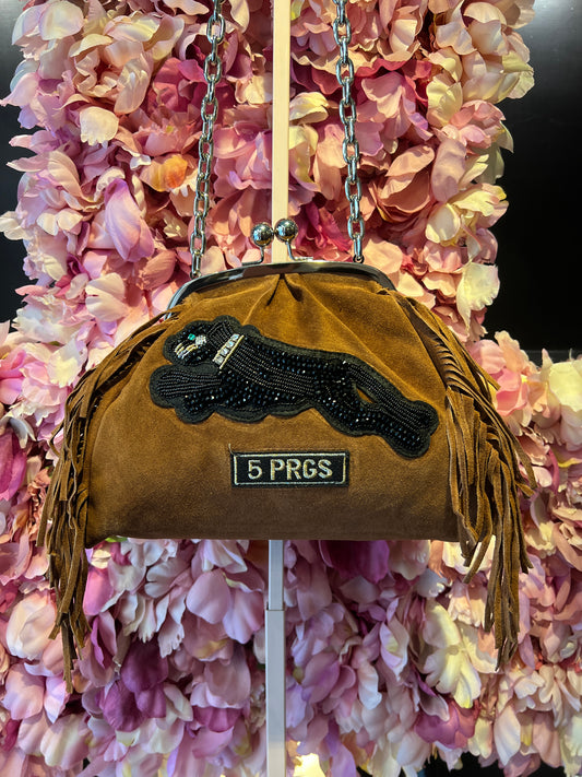 5 Progress borsa suede con frange applicazione pantera e tracollina