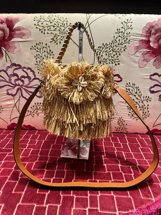 Borsa secchiello in rafia decorazioni conchiglie e tracolla