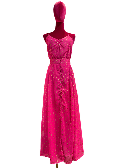 Wild -50% di sconto completo in tessuto ricamato filo oro top e gonna lunga con spacco