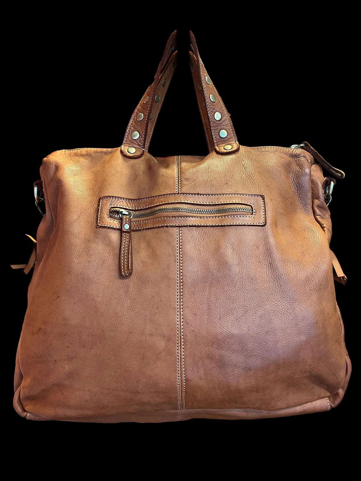 Love & roses borsa in pelle due manici colore cuoio con tracolla con frange ( la pelle utilizzata è naturale, le disomogeneità del colore e della grana sono caratterizzate intrinseche della materia prima)