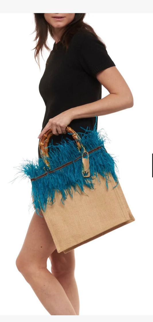 La Milanesa borsa shopper intrecciata in juta manici in bamboo con tracollina dorata violetta media ottanio