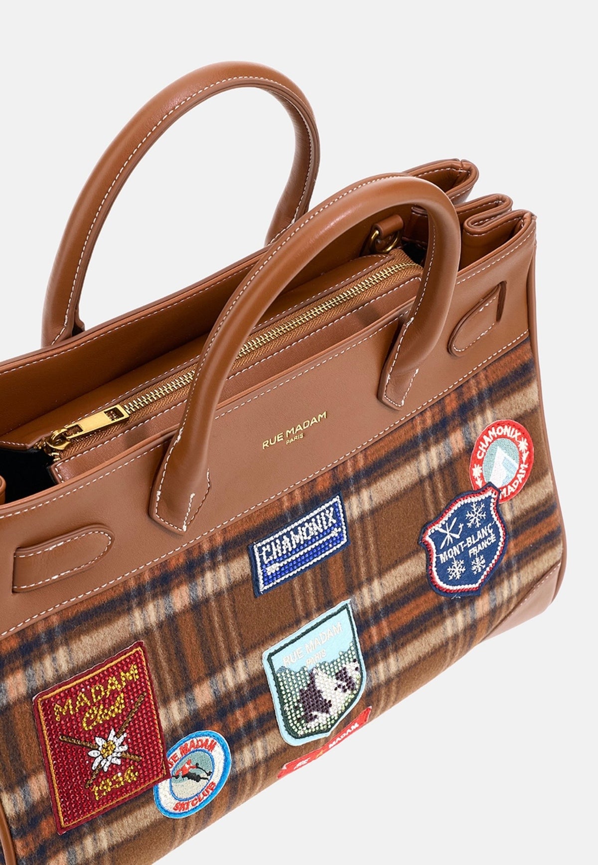 Rue Madam Paris borsa due manici in panno e ecopelle fantasia check tartan/orange con tracolla