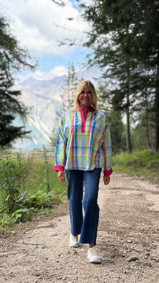 Mon amour Paris blusa fantasia Madras con polsini e bordino collo a contrasto