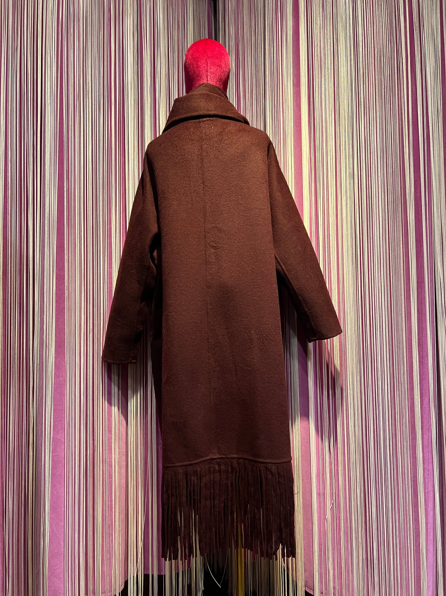 ABpink 🩷cappotto sfoderato Burgundy con frange e sciarpa rimovibile, patch cristalli e patch paillettes topolino