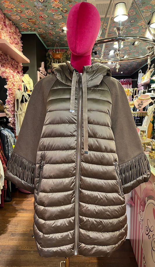 The room piumino con cappuccio taupe manica con frange