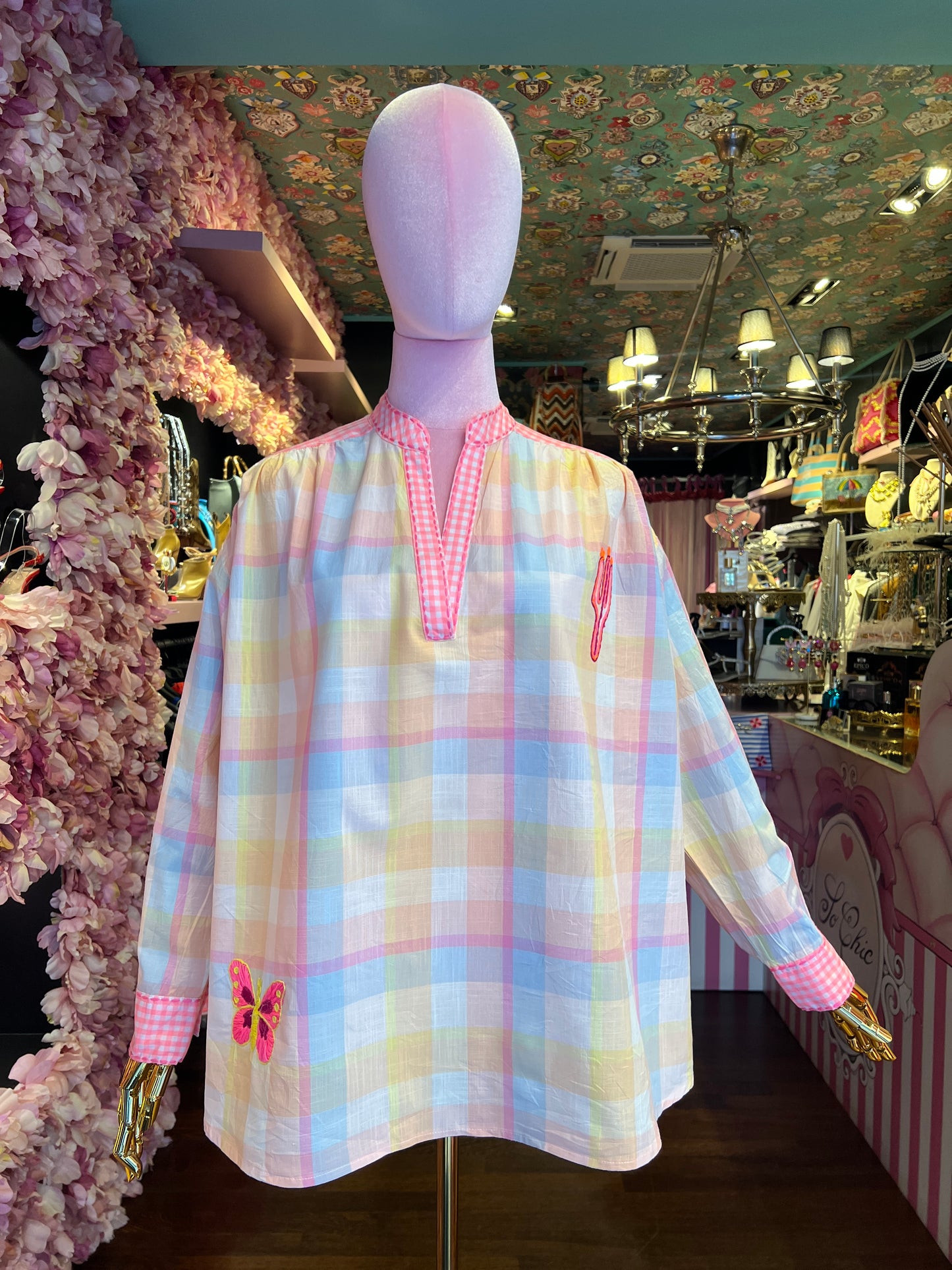 Mon amour Paris camicia fantasia quadri rosa celeste gialla con ricami flou