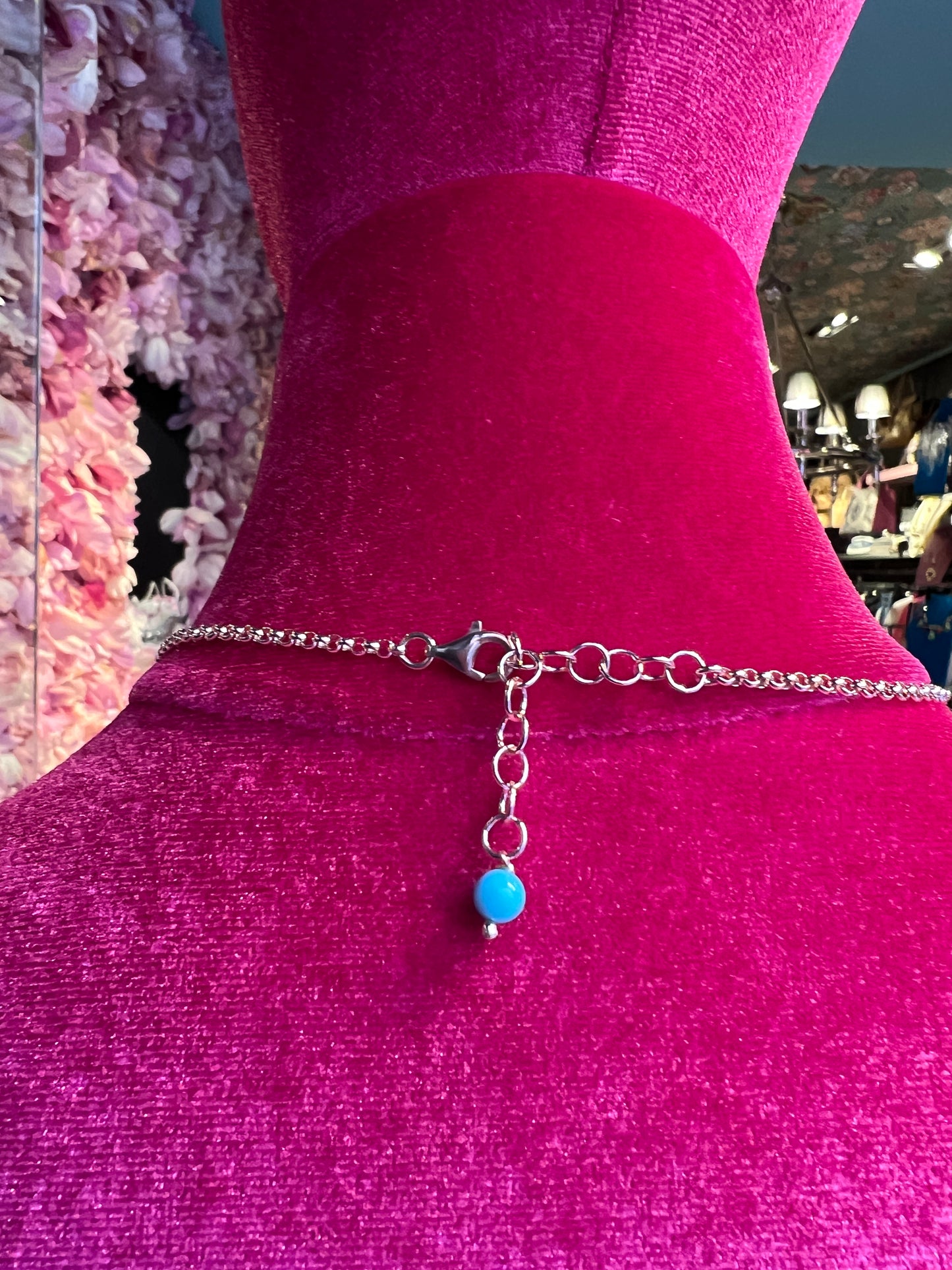 Collana lunga argento rosa corno occhio di tigre con cabochon turchesi