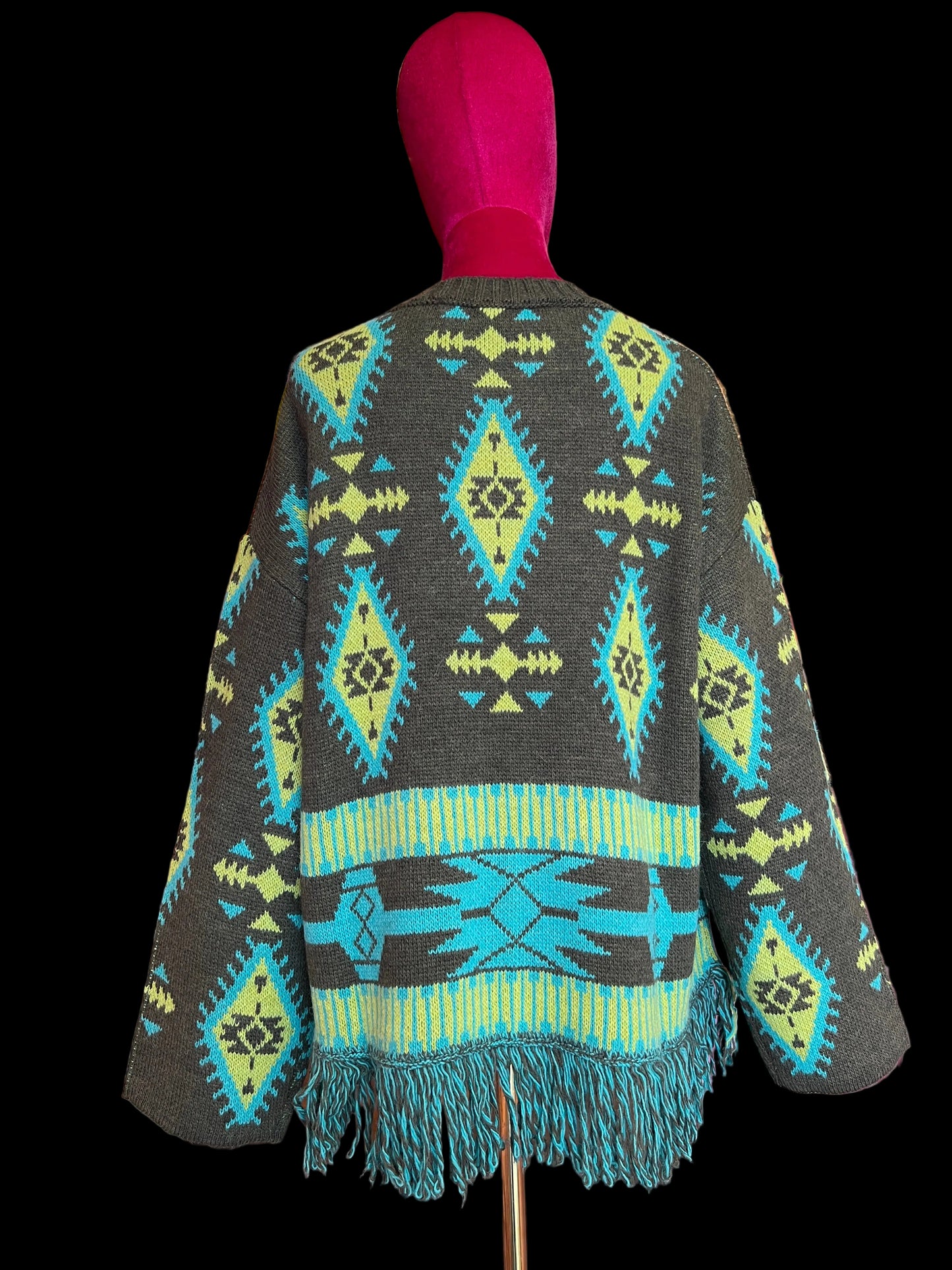 Colour market maglia jacquard verde militare e turchese con frange e strass