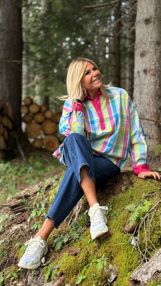 Mon amour Paris blusa fantasia Madras con polsini e bordino collo a contrasto