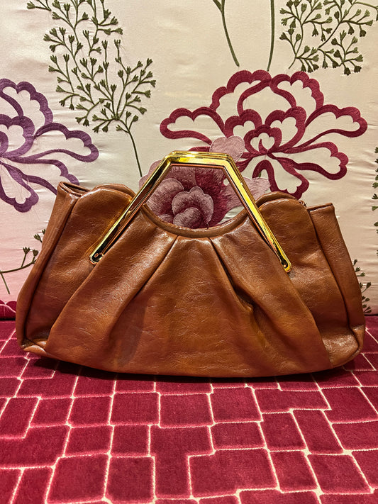 Borsa manico rigido effetto metallico color oro tracollina , ecopelle marrone bruciato