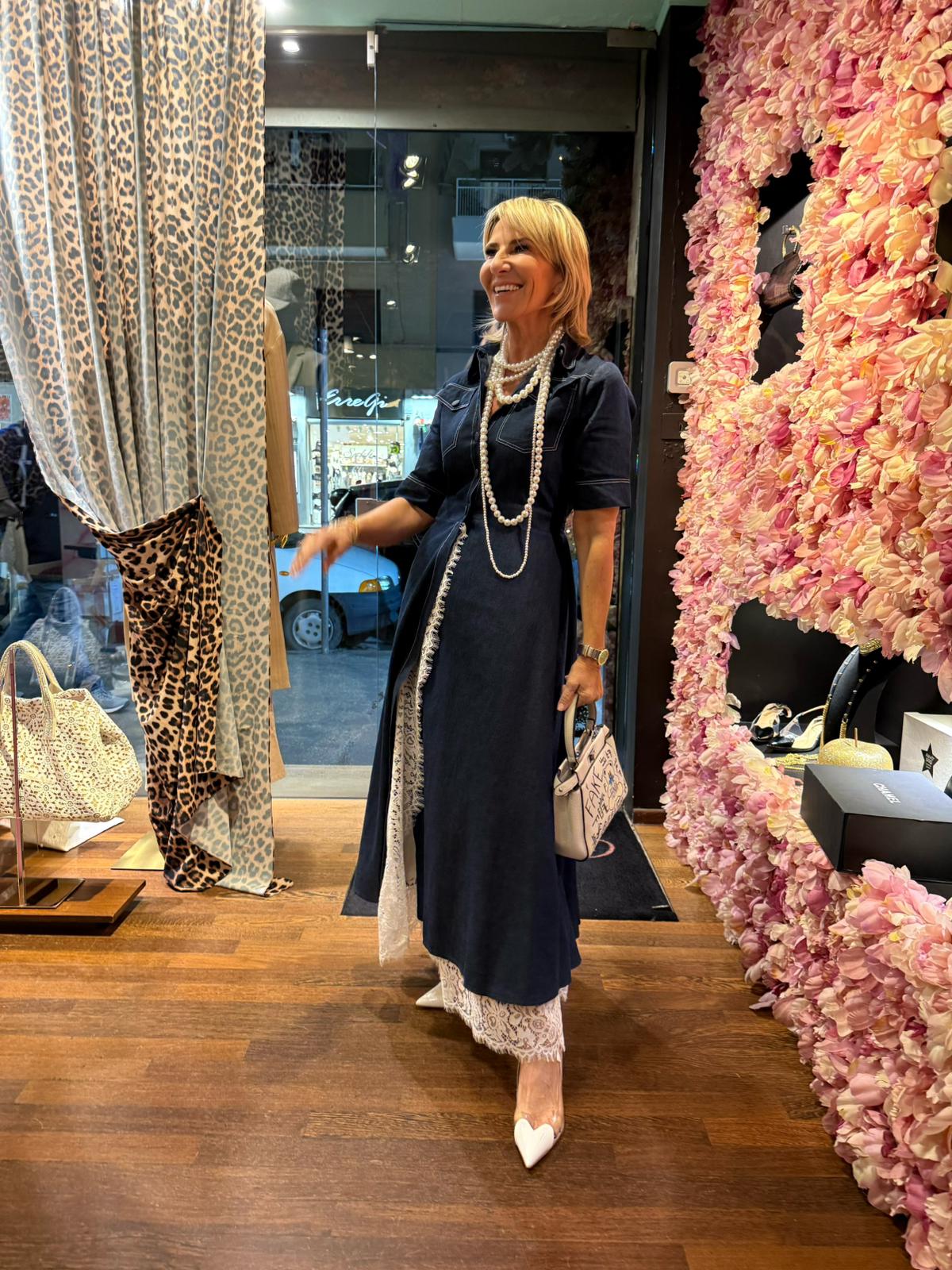 Pink memories abito chemisier in denim con pizzo