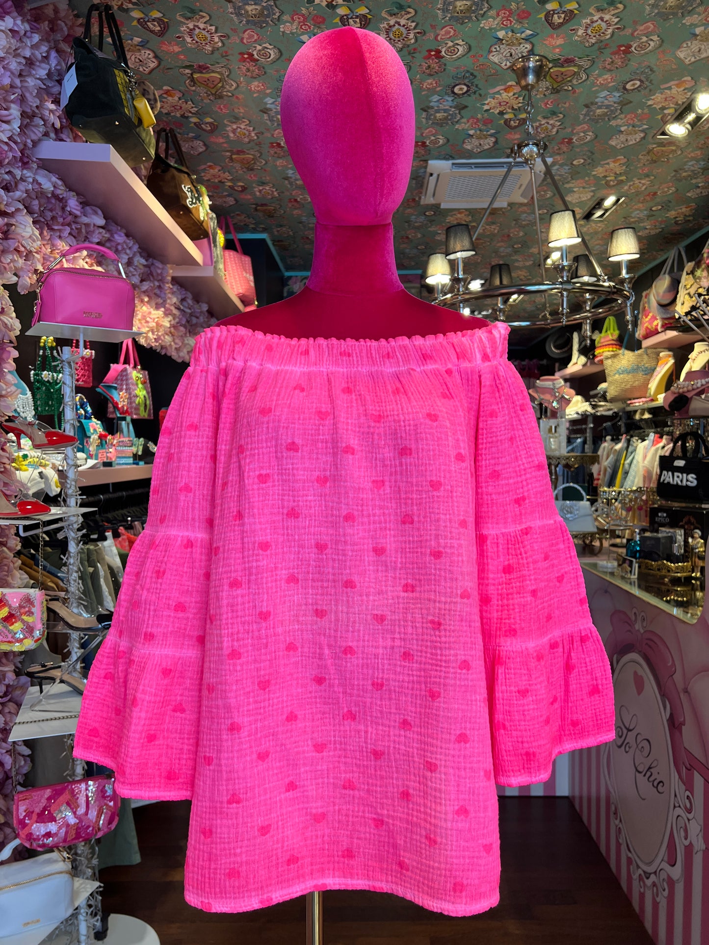 Mon amour Paris blusa scollo Bardot , maniche ampie, fucsia flou e cuori