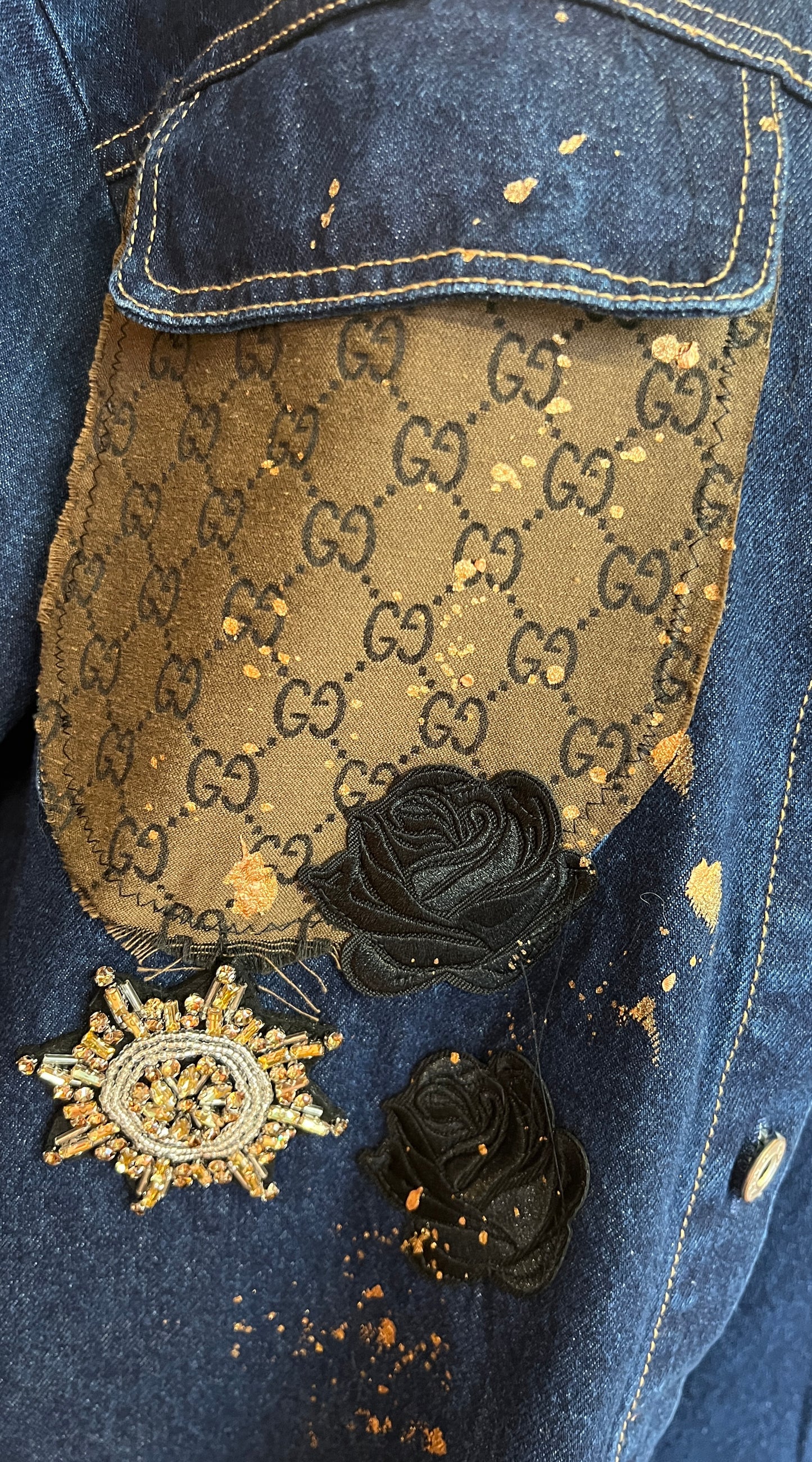 ABpink🩷 giacca camicia jeans con stoffa vintage marrone e patch