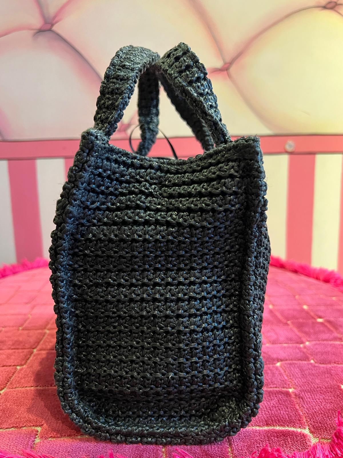 Rue Madam borsa due manici con tracolla l’ avana mini in rafia logo ecopelle nera