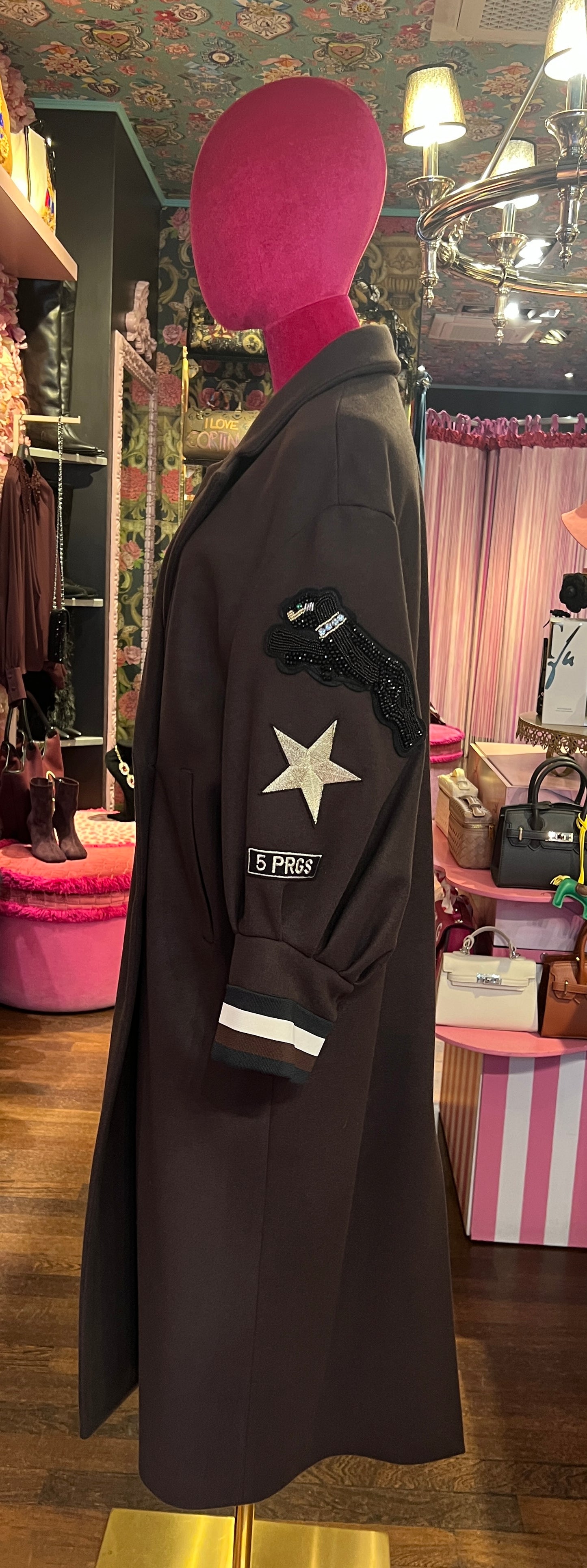 5 Progress cappotto marrone scuro con applicazione pantera cristalli e patch