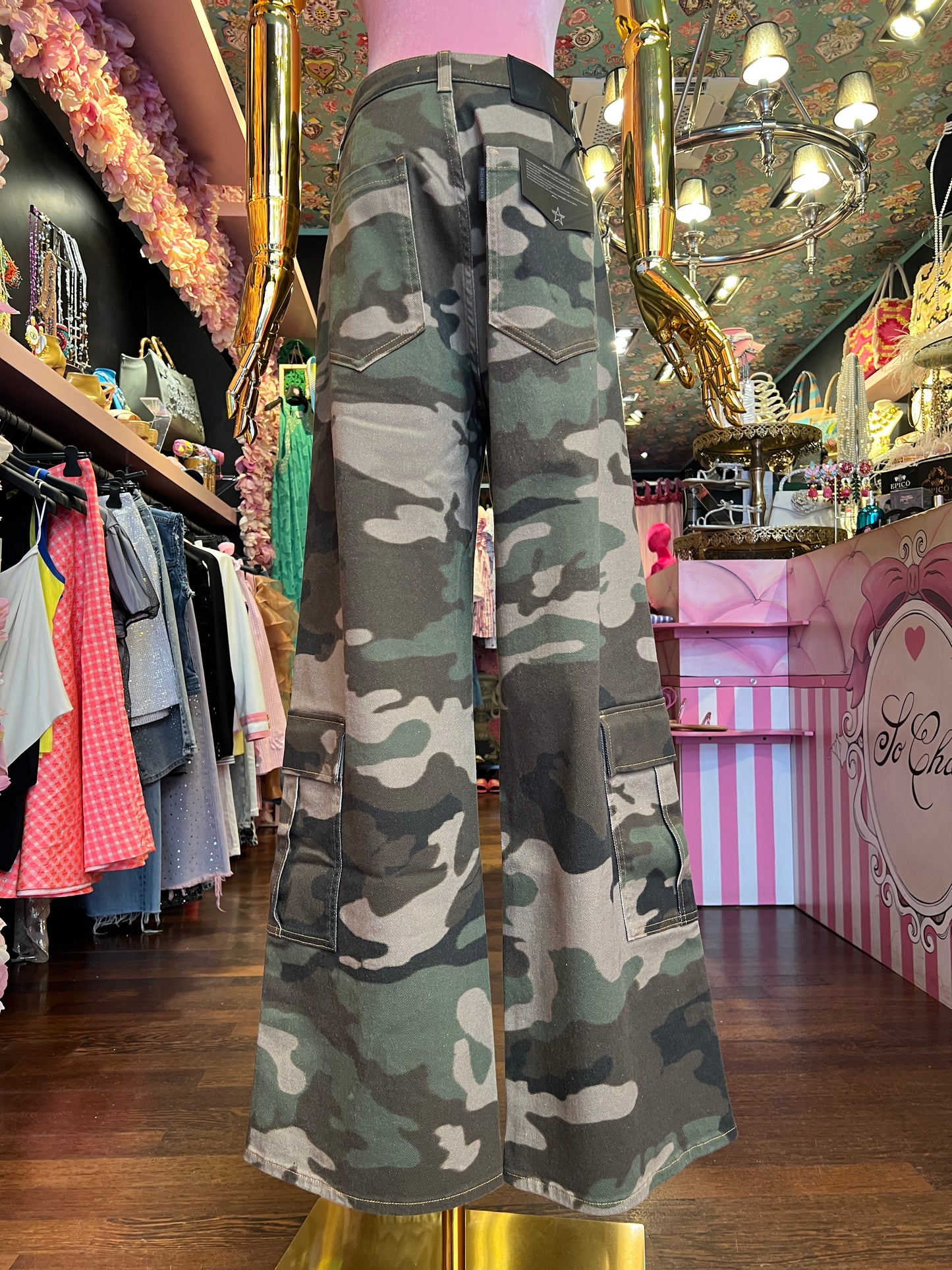 Rossano Perini pantalone combat camouflage con decorazioni cristalli