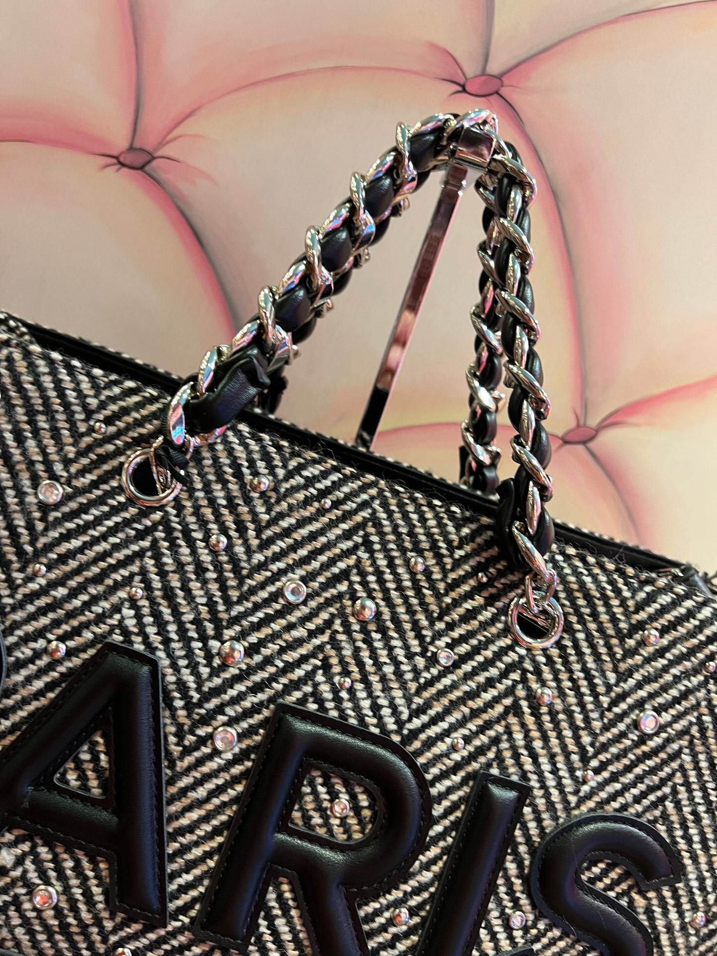 Rue Madam Paris borsa tweed nera due manici con tracolla Harris tote