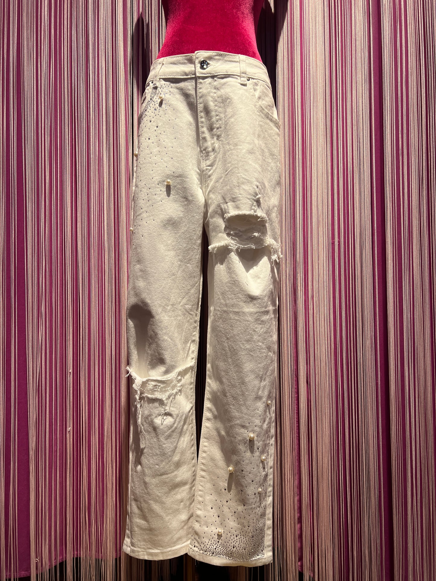 Love & roses -50%jeans tessuto elasticizzato con applicazioni perle e cristalli