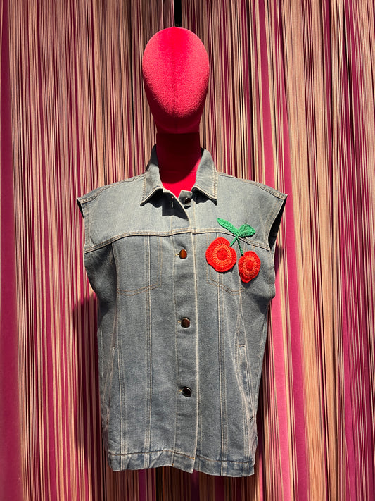 Mon amour Paris gilet jeans denim con applicazione ciliegie retro applicazione crochet