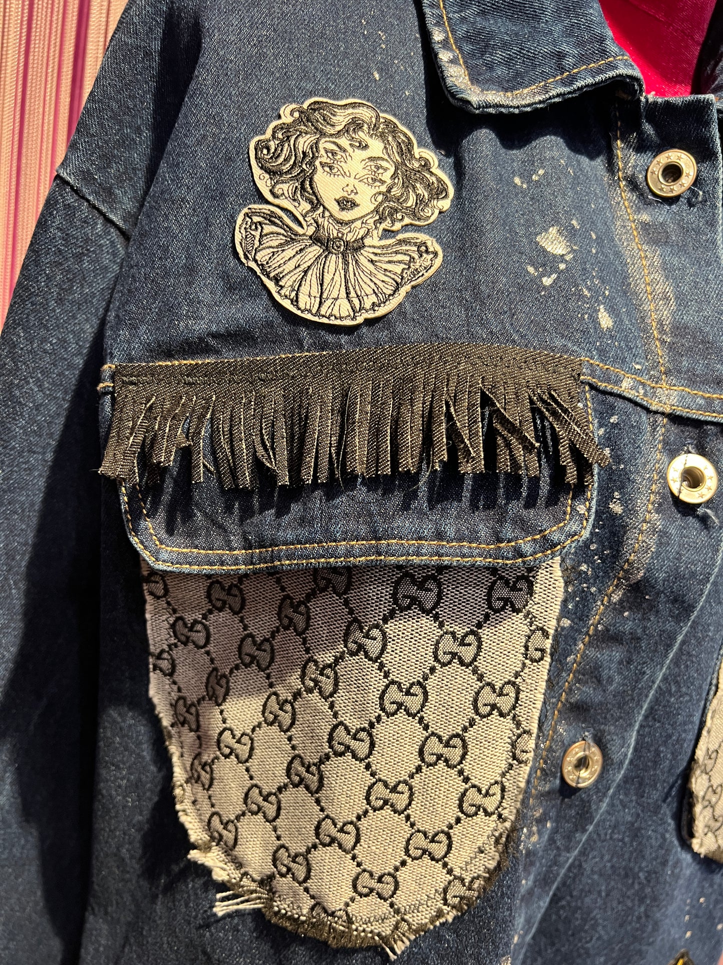 ABpink🩷 giacca camicia jeans stoffa vintage nera con patch