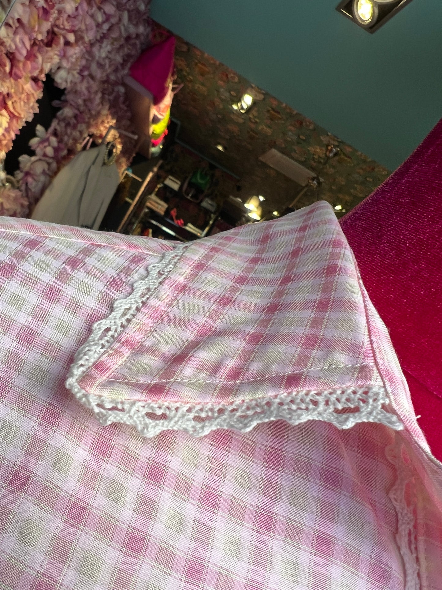 Sincere Paris camicia cotone quadretti rosa e bianchi colletto quadretti con bordo uncinetto